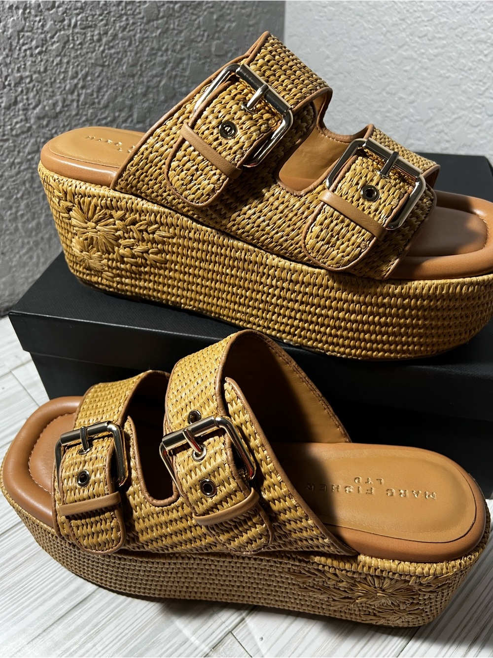 Marc Fisher LTD Poppy Raffia Platform Wedge Sandals Natural Tan Women’s Size 9 - Picture 2 of 14